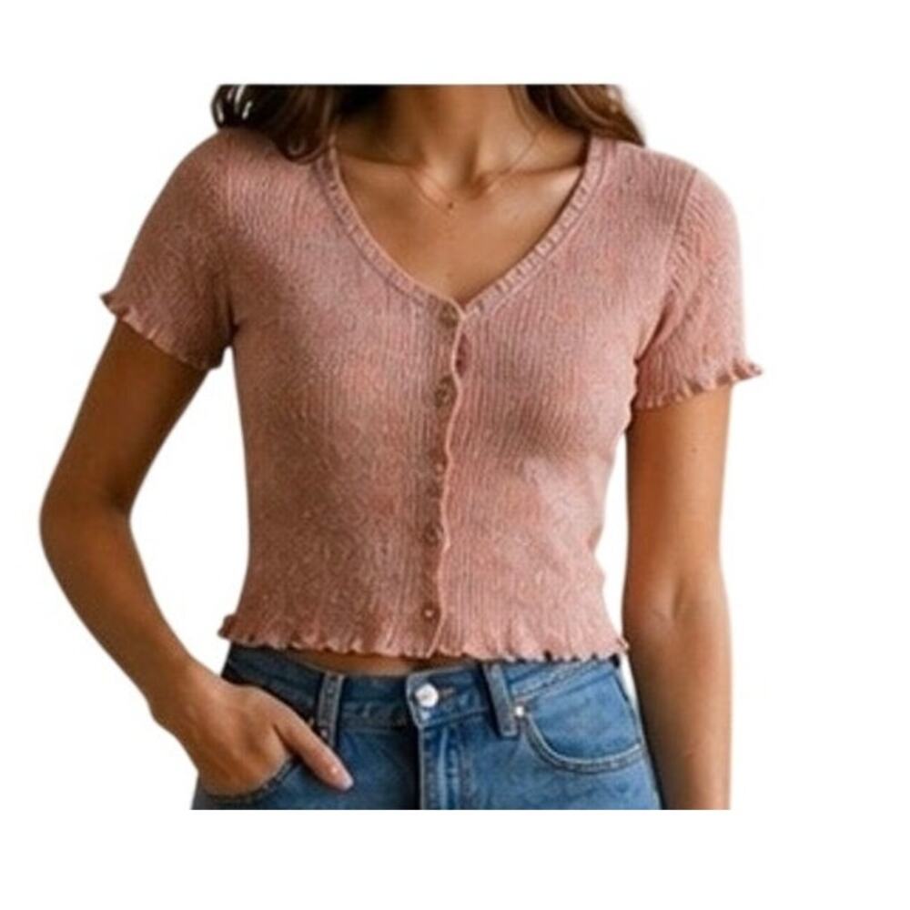Caution To The Wind Pink Knit Button Front Top Ruffle Hem Y2K XS S